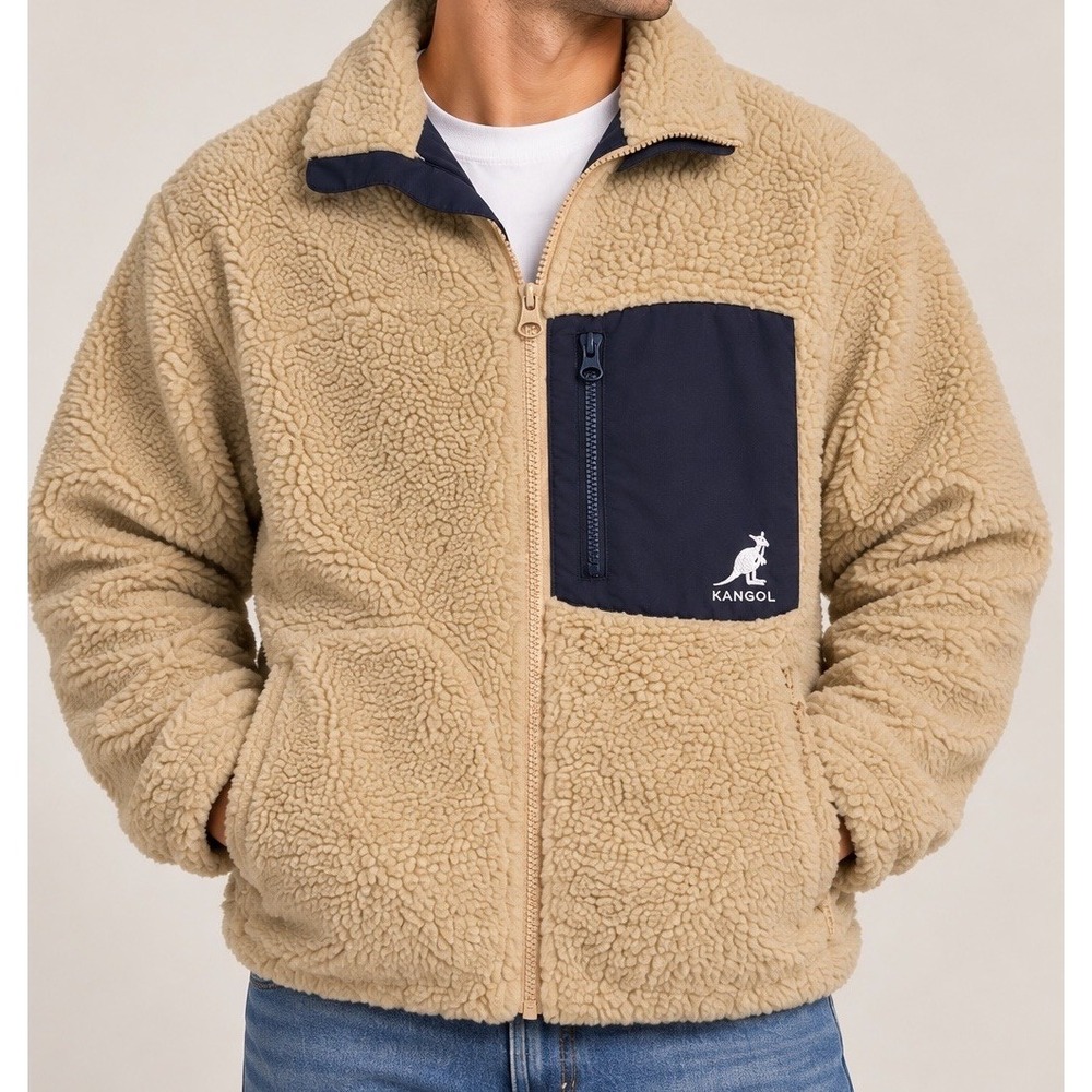 Kangol Mens Y2K Vintage Deep Pile Fleece Sherpa Jacket Size L Tan Navy Full Zip